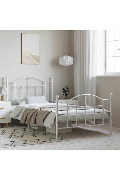 Concept Cadru de pat metalic cu tăblie de cap/picioare, alb, 100x190 cm