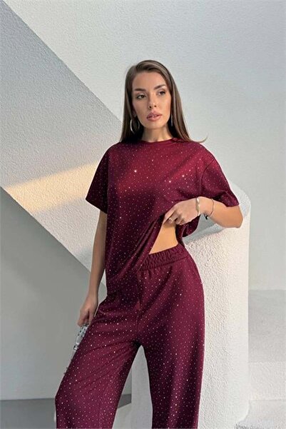 Dipmoda Women's Burgundy Stone Detailed Double Basic Set Dpg126