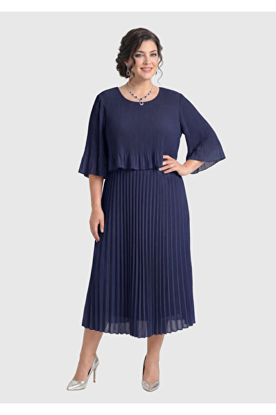LİLAS XXL Büyük Beden Lacivert Şifon Elbise