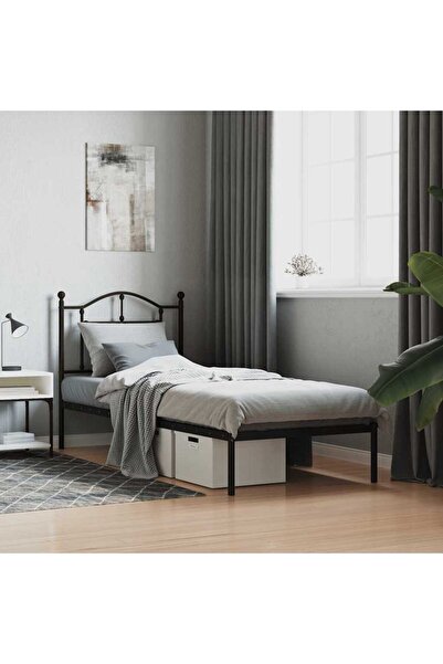 Concept Μεταλλικό σκελετό κρεβατιού με κεφαλάρι, μαύρο, 90x200 εκ.