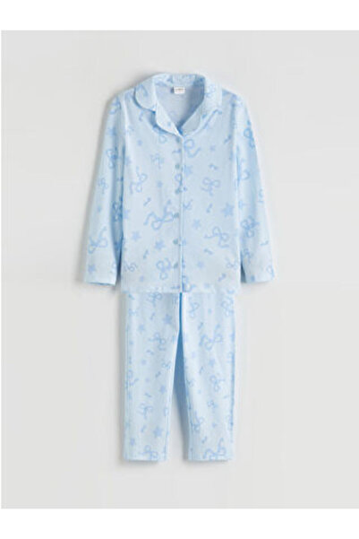 LC Waikiki M1 Sezon Blue Shirt Collar Bow Patterned Girls' Pajama Set