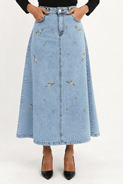 VELLICHOR Long Denim Skirt with Flower Embroidery Detail - Light Blue