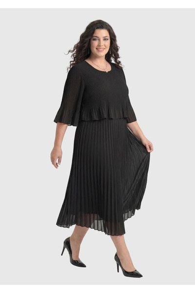 LİLAS XXL Büyük Beden Siyah Şifon Elbise