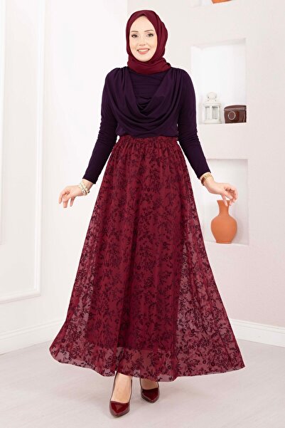 OC Flok Printed Lined Tulle Skirt Burgundy
