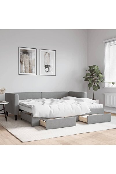 Concept Pat de zi cu extensie și sertare, gri deschis, material textil 80x200 cm