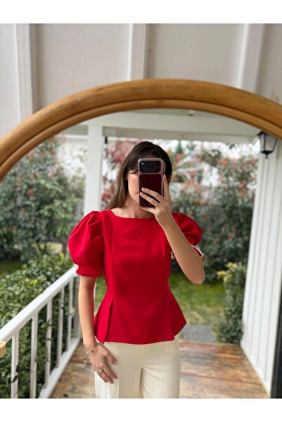 My Blog Red Sleeves Pearl Bow Blouse - 5001