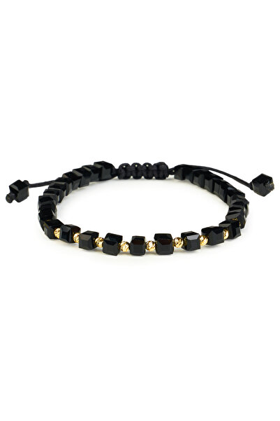One Gold Bracelet with 10 beads 14K Gold "585" and Black Cubic Crystals, adju...