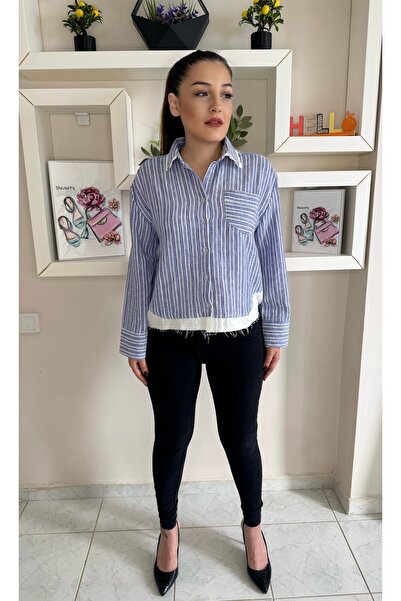N.INF BUTİK Poplin Detaylı Çizgili Keten İnce Gömlek-Mavi