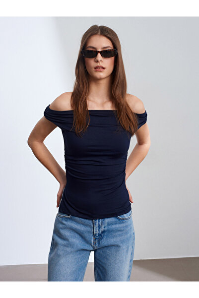 Dilvin 31865 Off-The-Shoulder Ruched Top-K.Navy Blue
