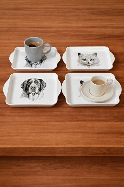Zucci Home Cat and Dog Patterned Cute Presentation Tray Set 22X14 cm |   4 Pi...