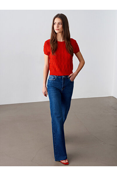 Dilvin 10788 Crew Neck Textured Knitwear Blouse-Red