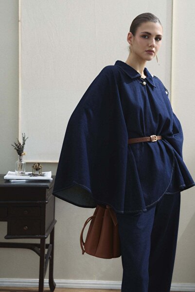 Gülşah collection Denim Cape Trouser Suit - Navy Blue