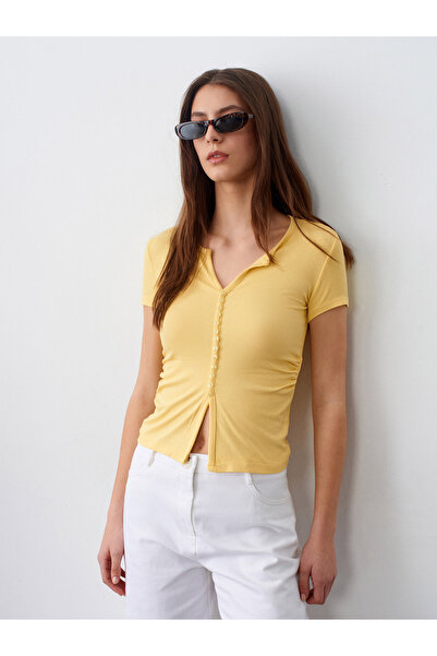 Dilvin 31838 Buttoned Short Sleeve Top-Yellow