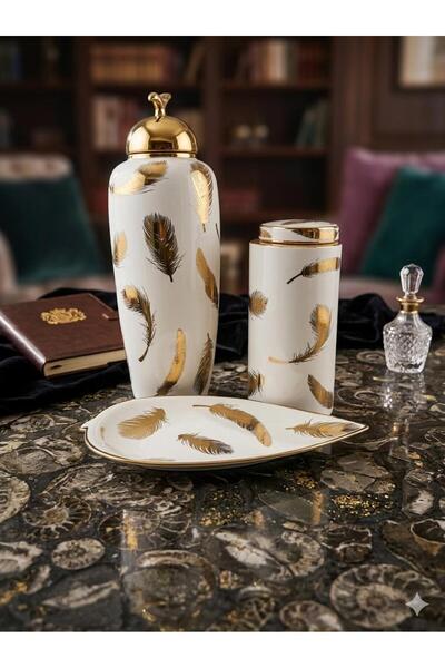 Sembol YAPRAK DESENLİ SALON VAZO AKSESUARI 3 PARÇA BEYAZ-GOLD