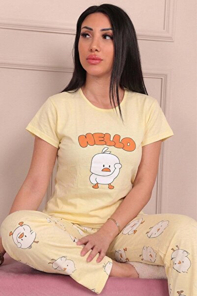 Niket Life Women's Hello Slogan and Duck Print Combed Cotton Short Sleeve Paj...