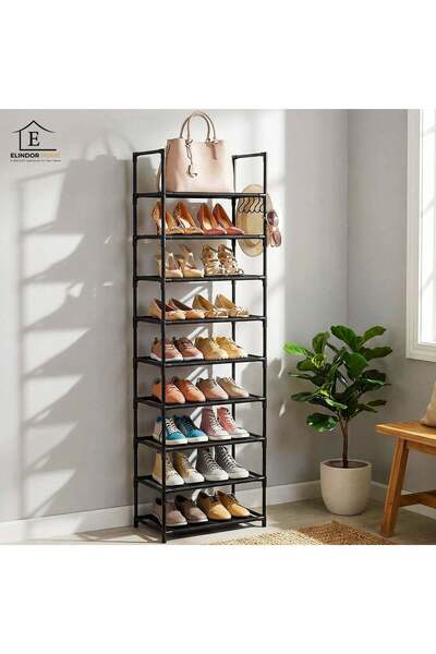 Elindor ® Shoe Organizer with 10 Large Shelves and 5 Metal Hooks, 25.5 × 43 ×...