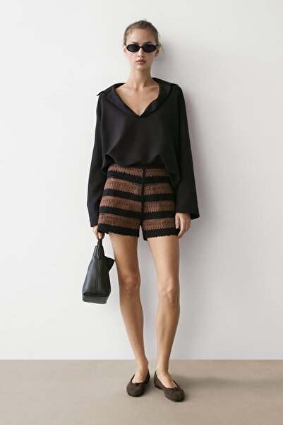 Massimo Dutti Kroşe çizgili pamuklu şort