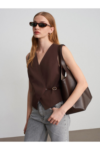 Dilvin 60611 Double-Breasted Belt Li Vest -Coffee