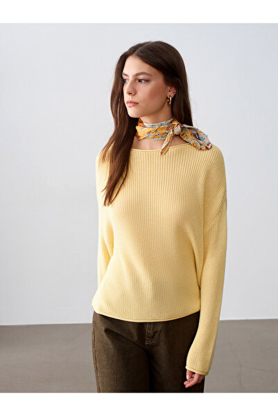 Dilvin 10804 Kayık Yaka Drapey Sweater-Light Yellow