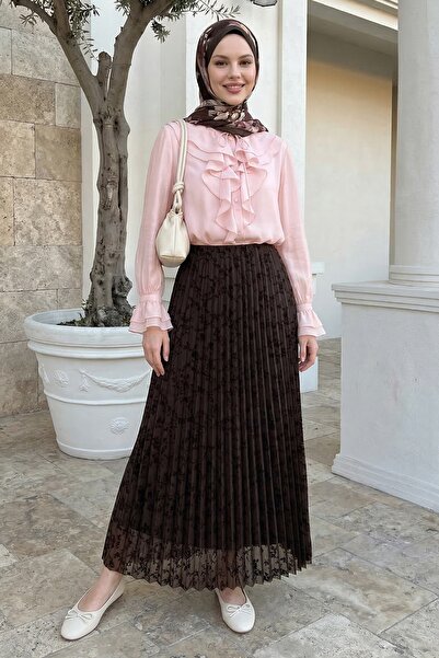 InStyle Pleated Floral Bitter Brown Flocked Skirt