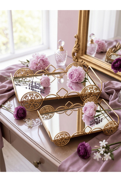 AiroBazar Mirrored Gold Double Decorative Durable Tray Set - Presentation and...