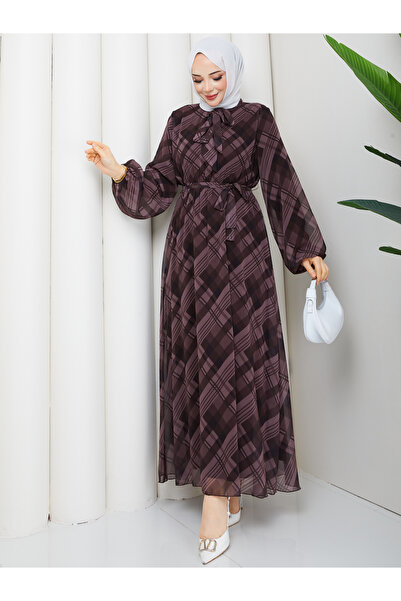 RACE FASHİON Halter Neck Tie-Detail Plaid Hijab Chiffon Dress Rc6049