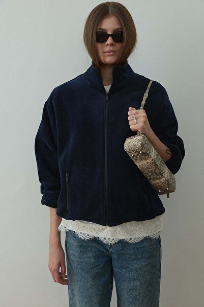 Suud Collection Navy Blue Anu Oversized Zippered Fleece Cardigan