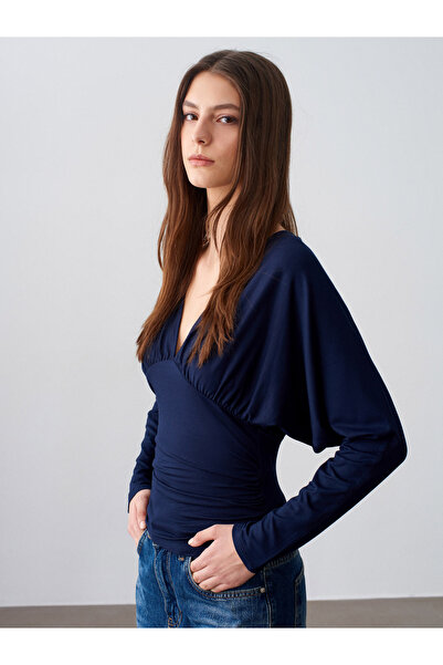 Dilvin 32728 V Yaka Büzgülü Top-K.Lacivert