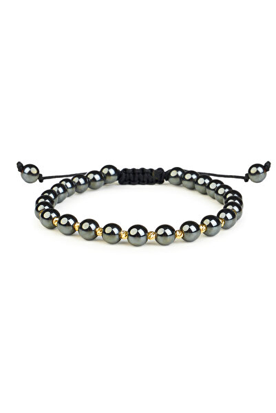 One Gold Bracelet with 10 beads 14K Gold "585" and Hematite, adjustable