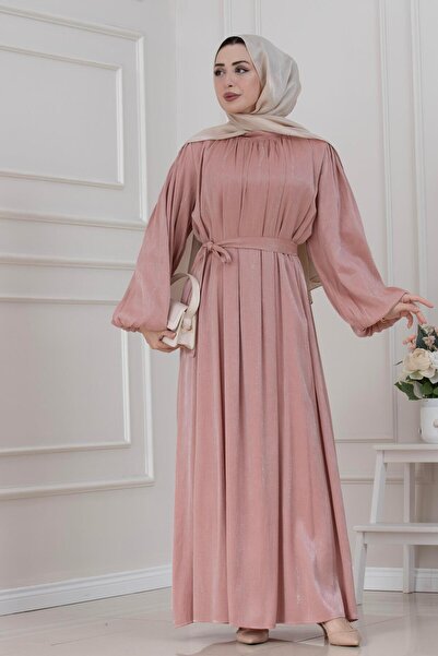 Sevitli Balloon Sleeve Stoned Water Evening Dress - Dried Rose