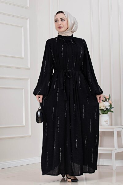 Sevitli Balloon Sleeve Stoned Water Evening Dress-Black