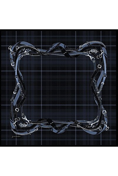 Zerafetim Exclusive Twill Silk Scarf Dark Navy Blue, E Plaid K Belt Patterned