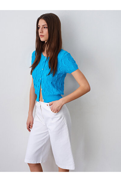 Dilvin 60980 Crew Neck Textured Knitwear Cardigan-Turquoise