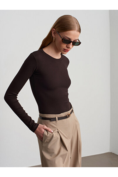 Dilvin 32695 Long Sleeve Bodysuit-Dark Brown