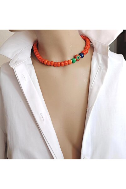 Sinem Şanlı Atelier Orange Glass Pumpkin Bead Evil Eye Detailed Choker Necklace