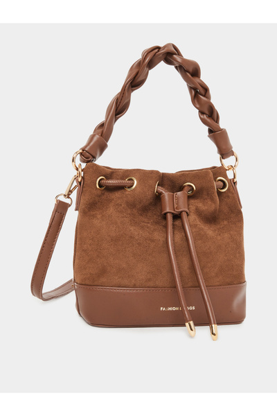 Styli Brown Suede Bucket Bag with Braided Handle