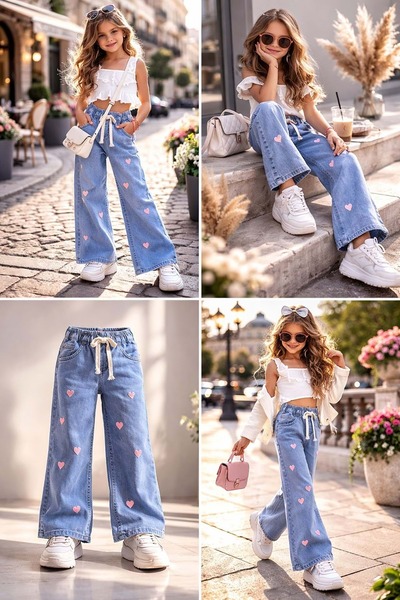 Lolliboomkids Pantaloni pentru fete cu talie Laslik, cu broderie inimă și det...