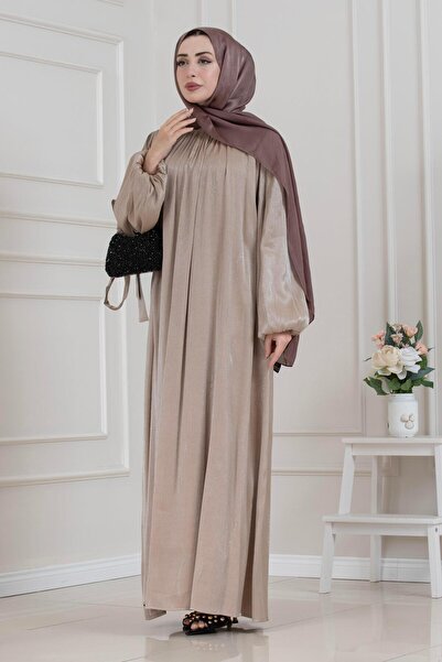 Sevitli Balloon Sleeve Stoned Water Evening Dress-Vi̇zon