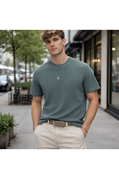 Maccali Men's Trend Cotton Waffle Fabric Khaki T-Shirt
