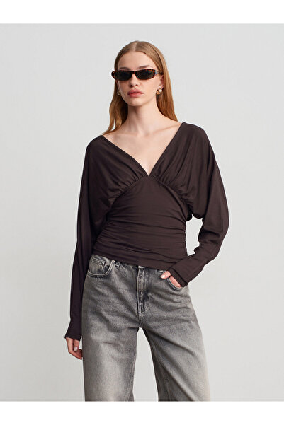Dilvin 32728 V-Neck Ruched Top-Dark Brown