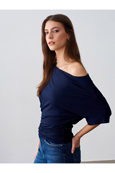 Dilvin 32735 Asymmetric Collar T-Shirt-Dark Blue
