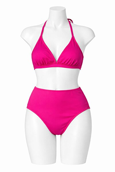 VAJESTO Women's Fuchsia High Waist Bikini Set Triangle Neckline Tie-Detail Sh...