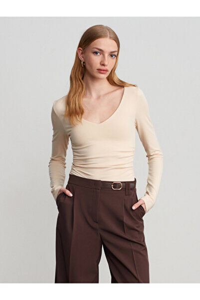 Dilvin 32780 V-Neck Ruched Top-Stone