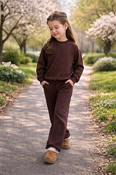 Lolliboomkids Girl's choco glow stone detail top and bottom set - coffee - plum