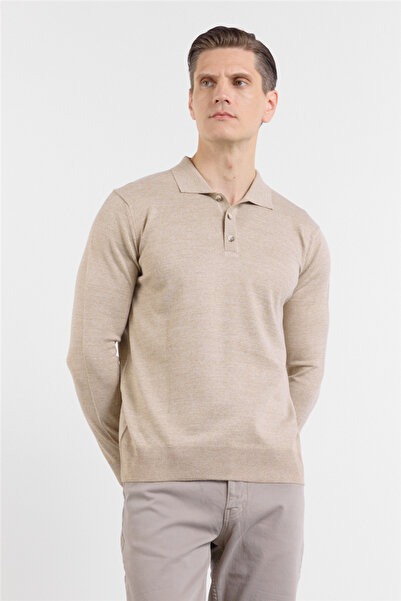 İmza Beige Polo Collar Pocketless Comfort Fit Classic Cotton Piece Knitwear S...