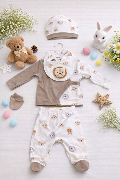 Baby Organik Pamuklu Bebek Tulumu Aslan Desenli -Şapka eldiven dahil