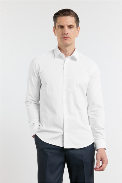 İmza White Self Patterned Hard Collar Long Sleeve Pocketless Slim Fit Cotton ...