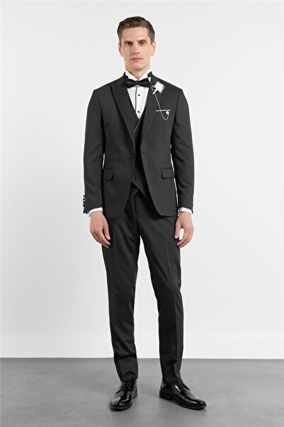 İmza Siyah Kılıç Yaka Düz Desen 6 Drop Slim Fit Esnek Yelekli Takım Elbise 10...