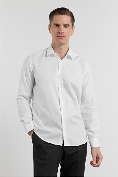 İmza White Long Sleeve Hard Collar Herringbone Pattern 100% Cotton Slim Fit S...