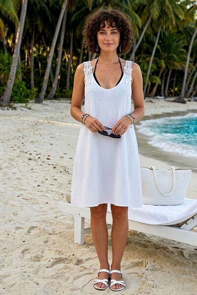 Chiccy White Pool Collar Sleeveless Lace Piece Shoulder Casual Muslin Woven D...